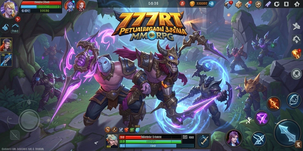 Screenshot gameplay 777RT menampilkan pertarungan epik di dunia fantasi.