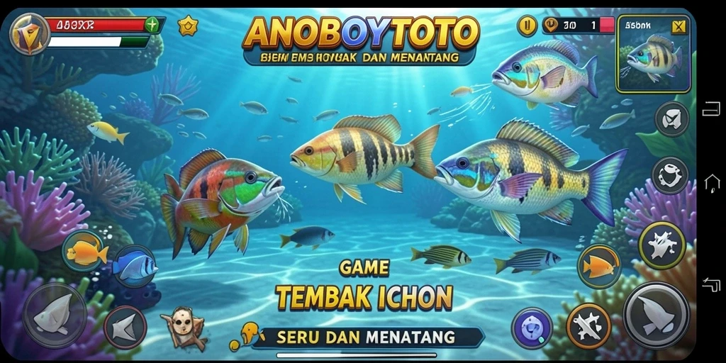 Screenshot dari gameplay ANOBOYTOTO yang menampilkan aksi menembak ikan.