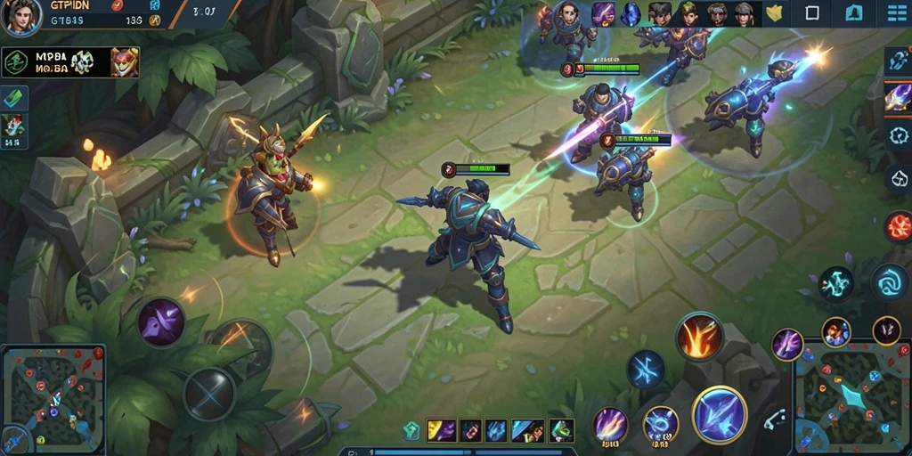 Screenshot utama GTPIDN menampilkan aksi pertarungan seru dalam gameplay MOBA.